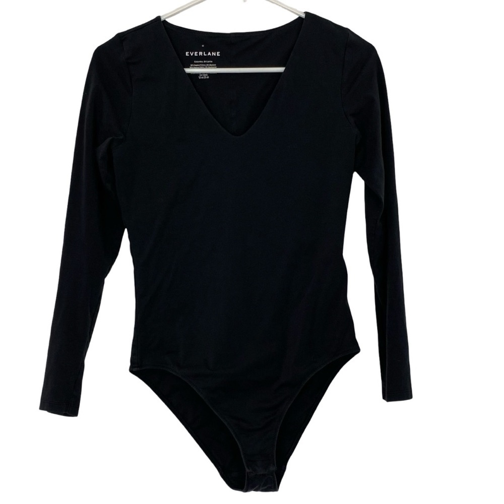 Everlane Bodysuit Womens Size Medium Black V Neck Long Sleeve Body Suit Supima